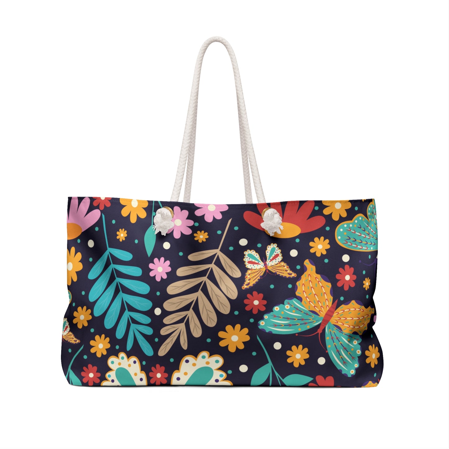 Colorful Floral Weekender Bag, Travel Tote, Oversized Beach Bag, Butterfly Design, Perfect for Vacations and Getaways
