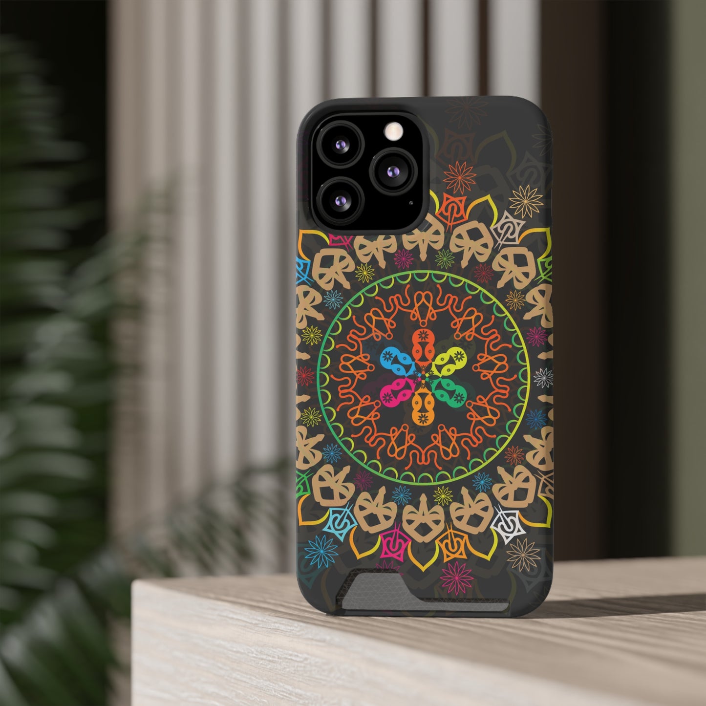 Colorful Mandala Phone Case with Card Holder, Bohemian Phone Accessory, Gift for Him/Her, Vibrant Smartphone Case, Artistic Phone Cover