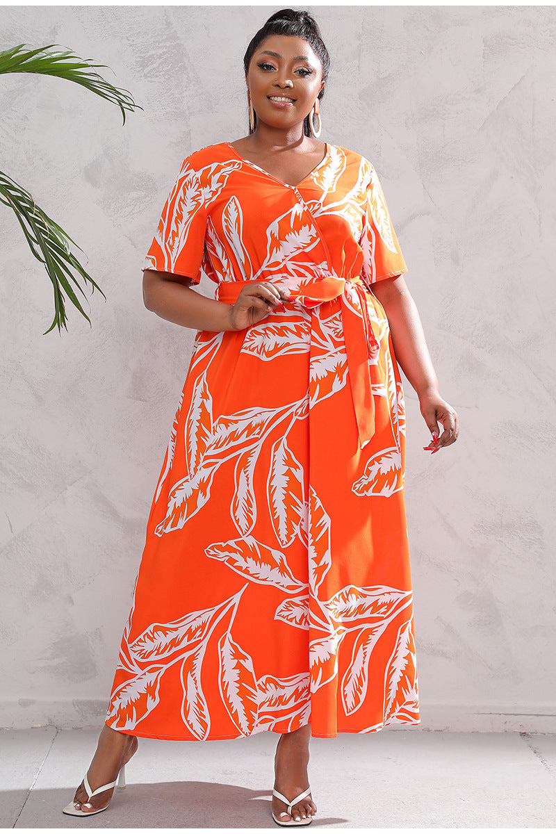 High Waist Western Style V-neck Midi Dress plus Size Temperament Printed Black Sexy Trendy Dress