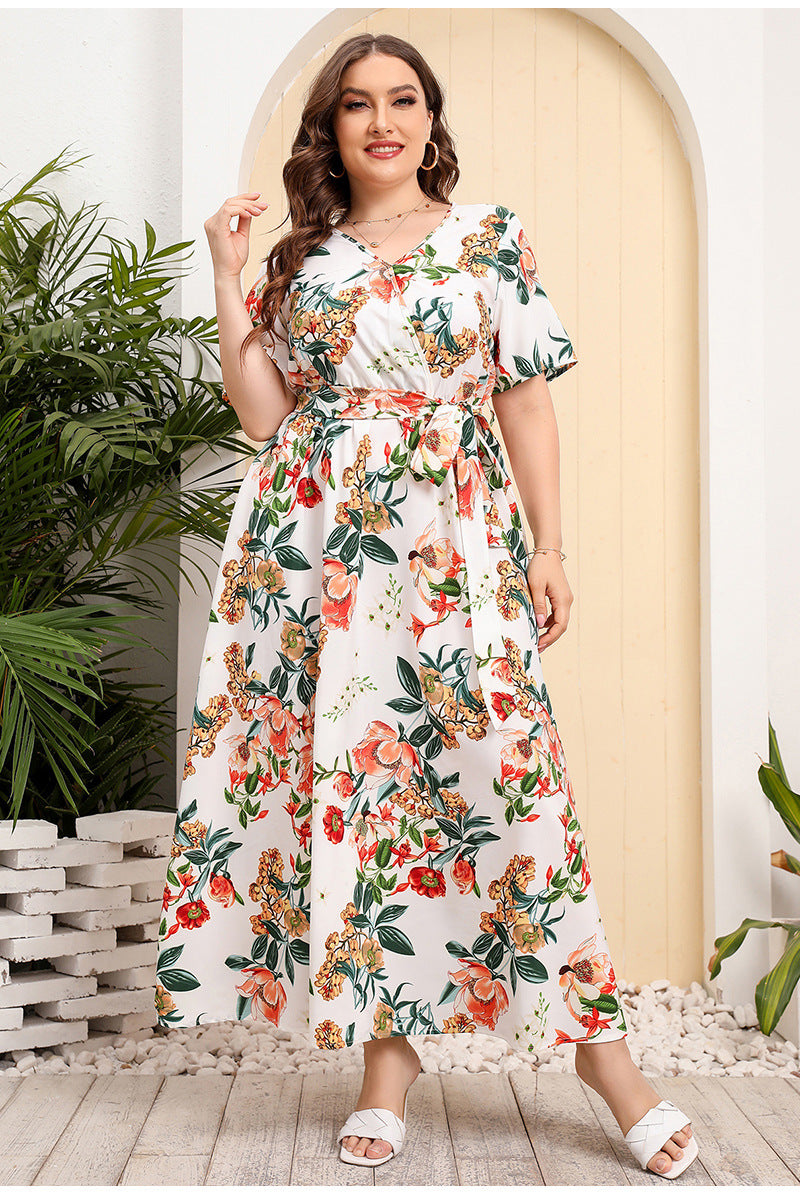High Waist Western Style V-neck Midi Dress plus Size Temperament Printed Black Sexy Trendy Dress