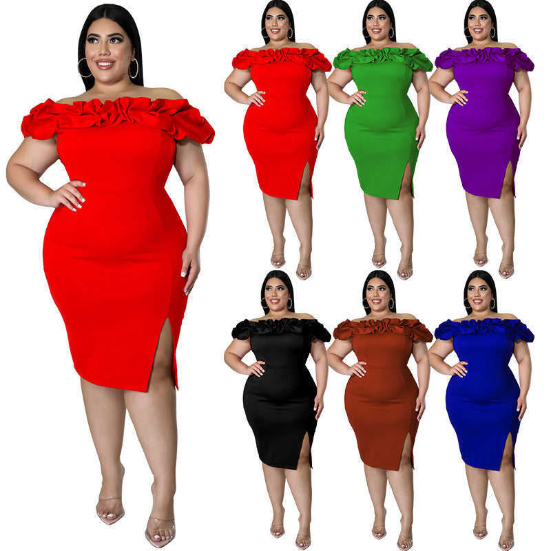 plus Size Women 2022 Summer Sexy Lotus Leaf Pile Collar Hip Wrapped Dress Dress