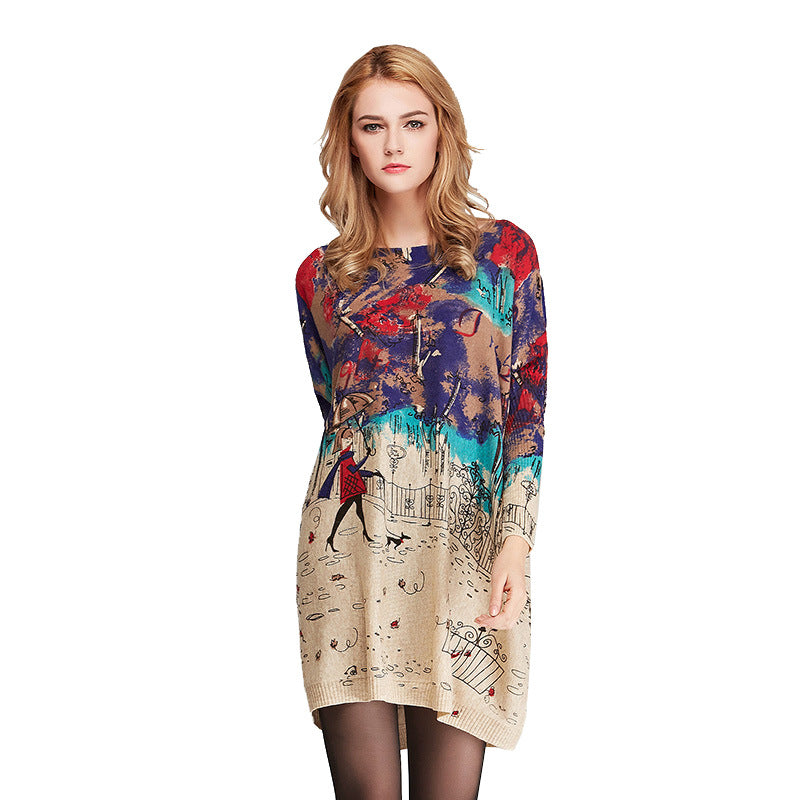 Knitwear Women Loose Printed Pullover Long Sleeve Women Sweater