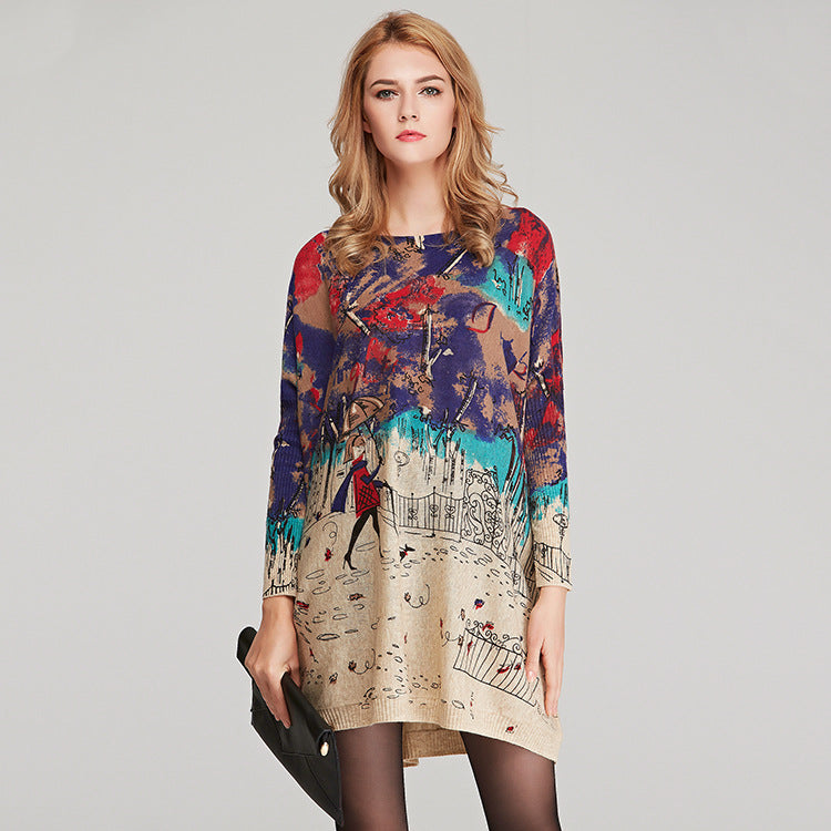 Knitwear Women Loose Printed Pullover Long Sleeve Women Sweater