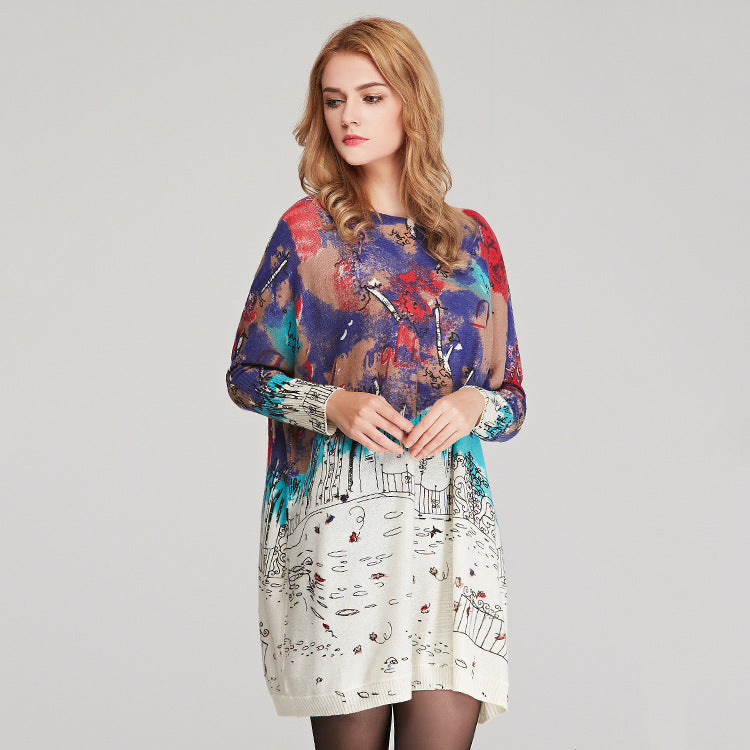 Knitwear Women Loose Printed Pullover Long Sleeve Women Sweater