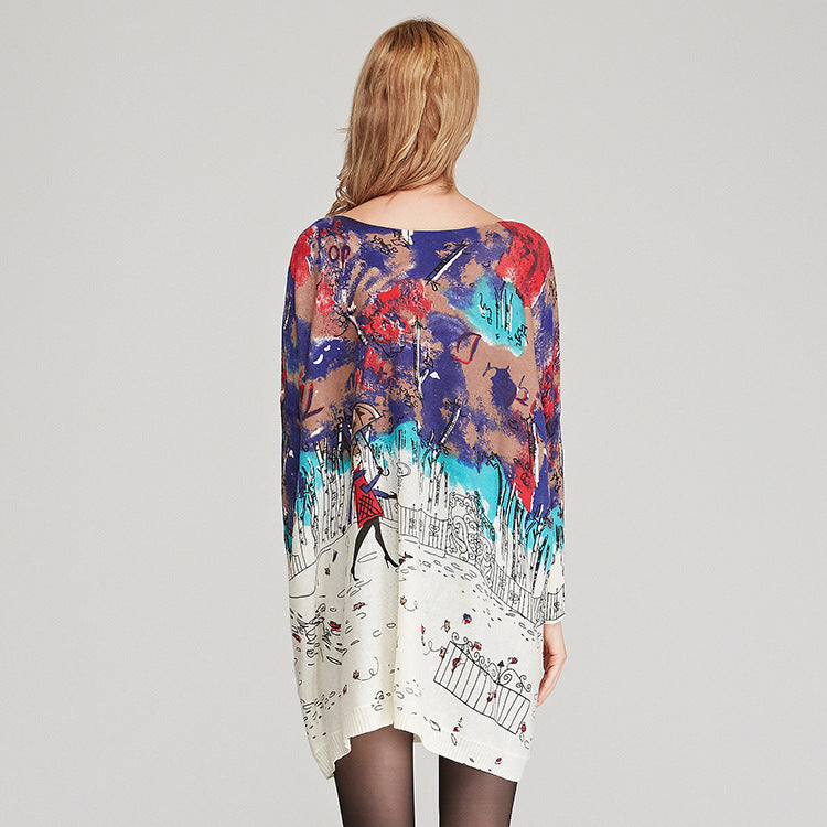 Knitwear Women Loose Printed Pullover Long Sleeve Women Sweater