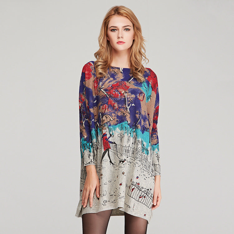 Knitwear Women Loose Printed Pullover Long Sleeve Women Sweater