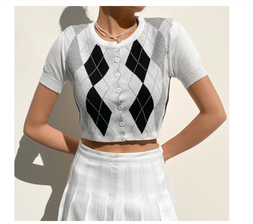 Spring Tight Cropped Woolen Top Rhombic Woolen Short Sleeve Breasted All-Match Bottoming Shirt