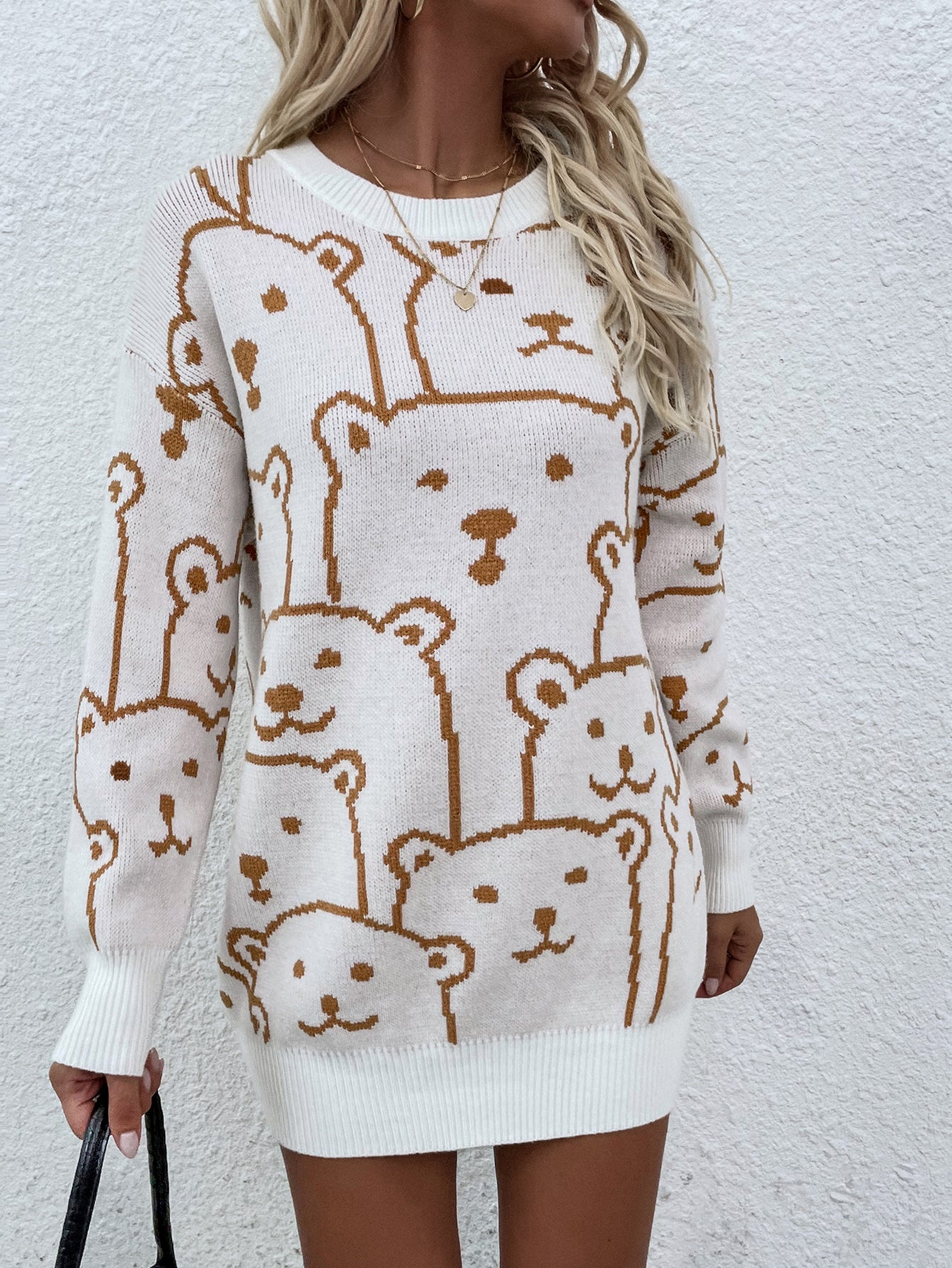 Winter Printed round Neck Animal Temperament Commute Loose plus Size Knitwear Knitted Pullover Sweater Women