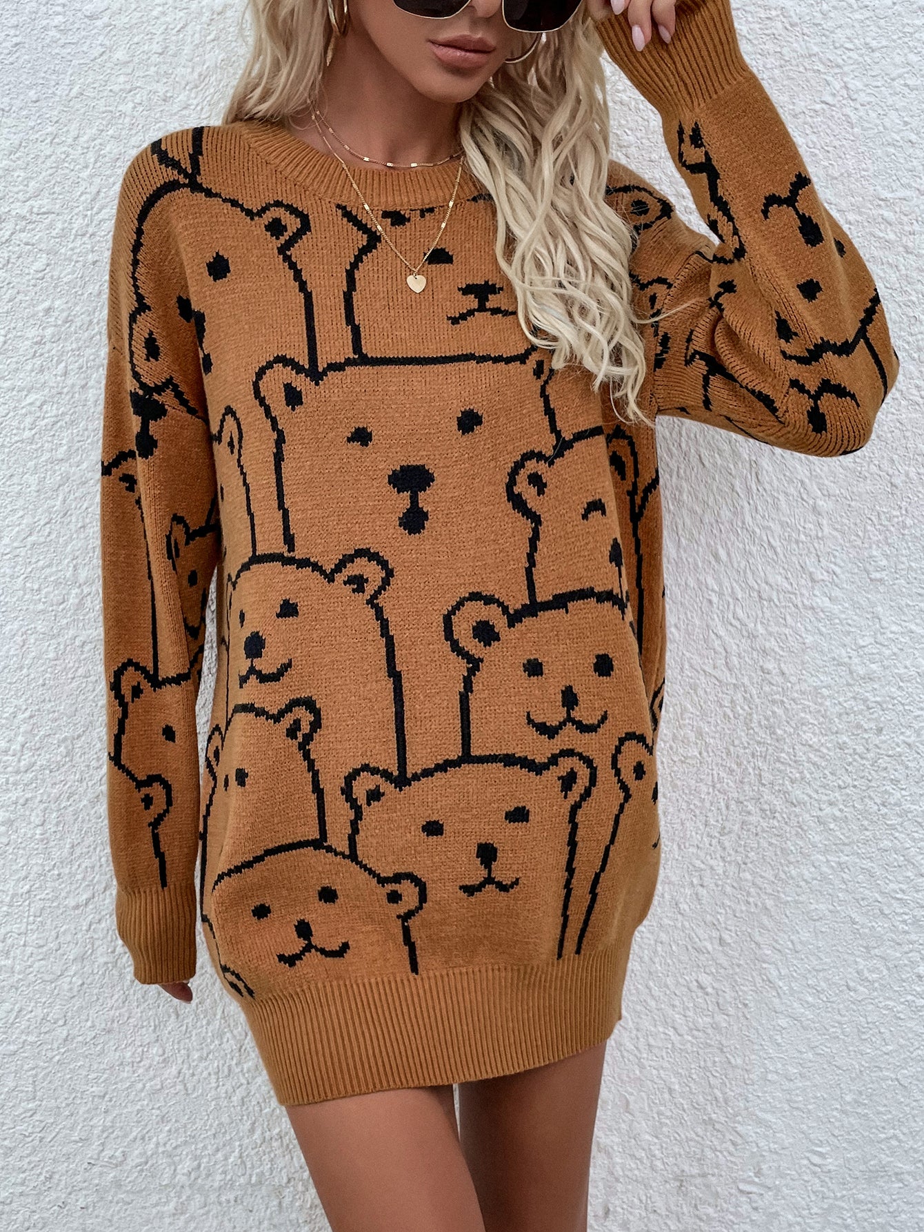 Winter Printed round Neck Animal Temperament Commute Loose plus Size Knitwear Knitted Pullover Sweater Women