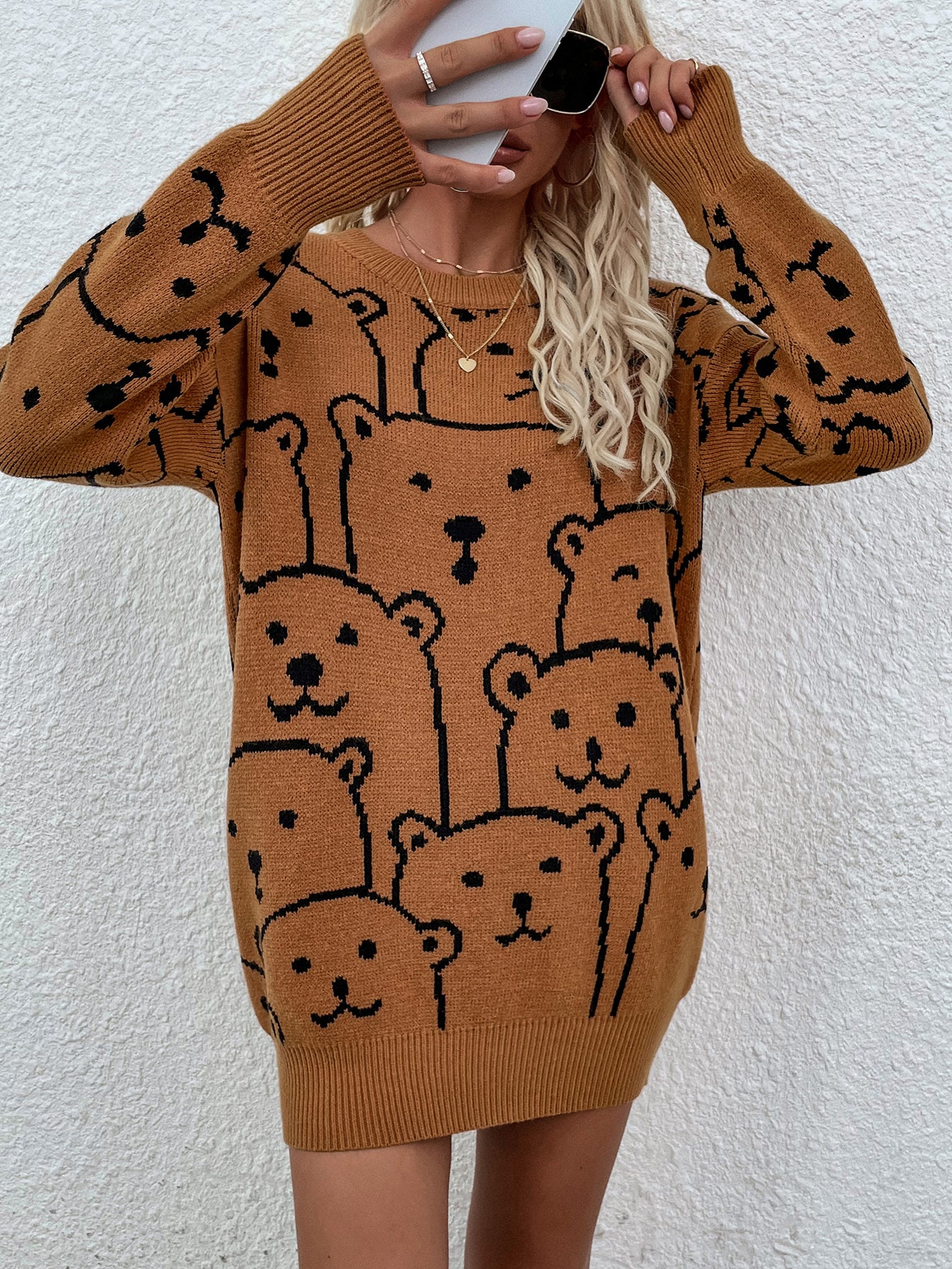 Winter Printed round Neck Animal Temperament Commute Loose plus Size Knitwear Knitted Pullover Sweater Women