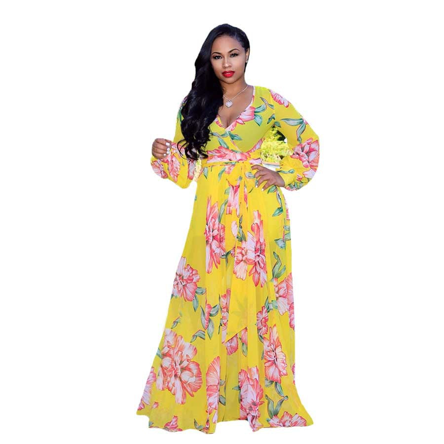 Summer New Beach Chiffon Dress Floral Print Fashion Large Swing Dress Women Dress Plus Size
