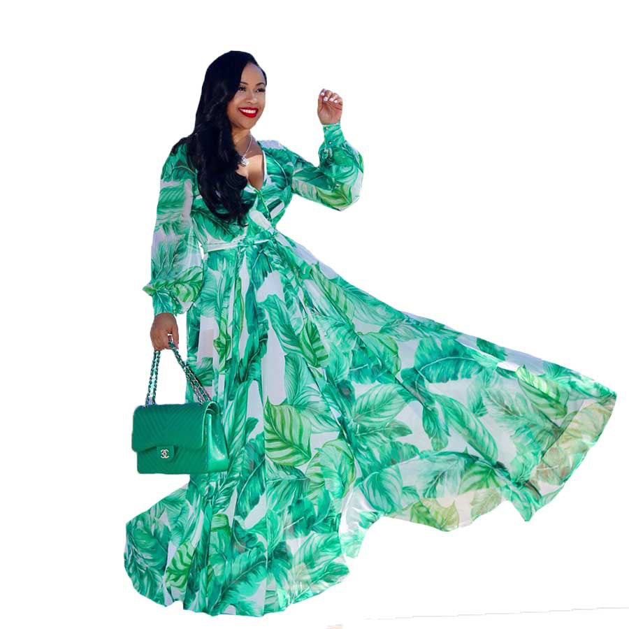 Summer New Beach Chiffon Dress Floral Print Fashion Large Swing Dress Women Dress Plus Size
