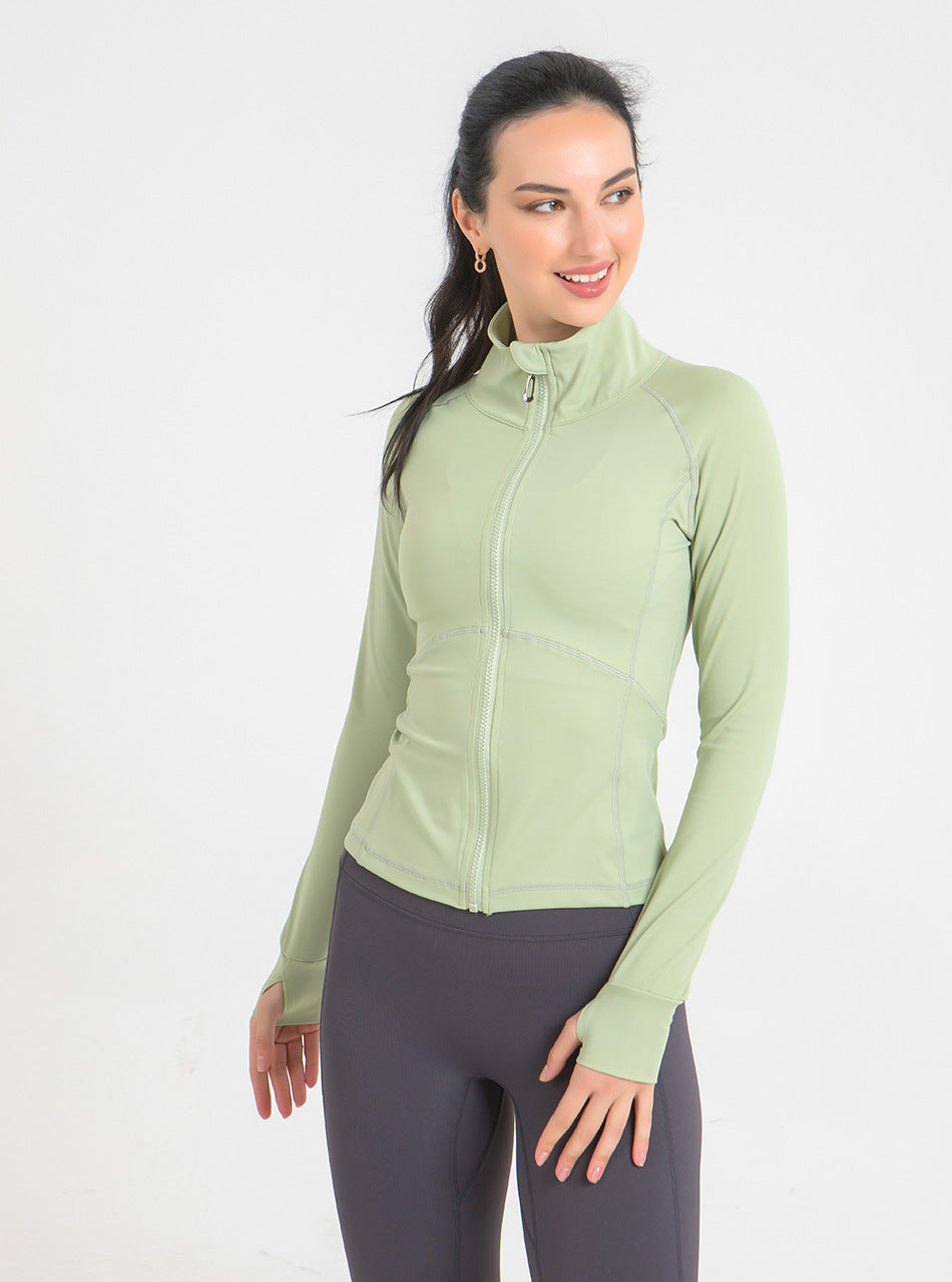 Autumn Winter Slim Fit Running Yoga Jacket Workout Clothes Sports Long Sleeve Finger Stall Stand Collar Zipper Stretch Coat Women
