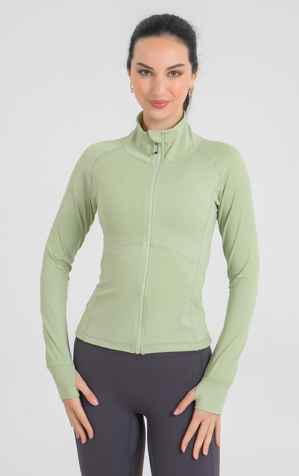 Autumn Winter Slim Fit Running Yoga Jacket Workout Clothes Sports Long Sleeve Finger Stall Stand Collar Zipper Stretch Coat Women