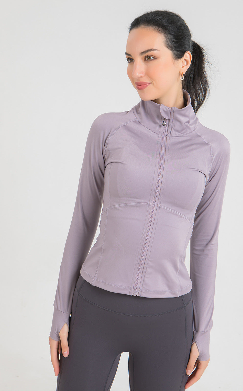 Autumn Winter Slim Fit Running Yoga Jacket Workout Clothes Sports Long Sleeve Finger Stall Stand Collar Zipper Stretch Coat Women