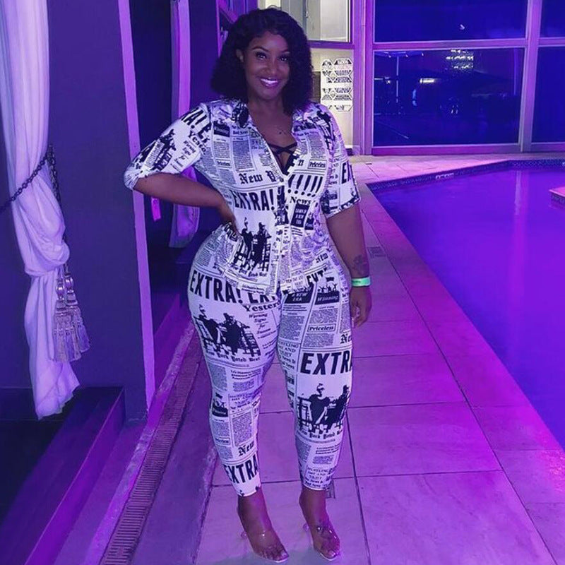 Plus Size Women Clothing Newspaper Shirt Casual Suit Women
