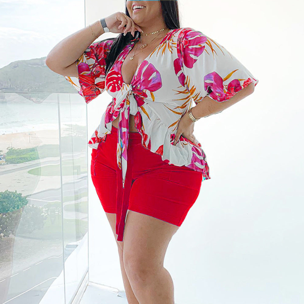 Summer Casual Fashion Printing plus Size Half Sleeve Casual Two-Piece Suit Women