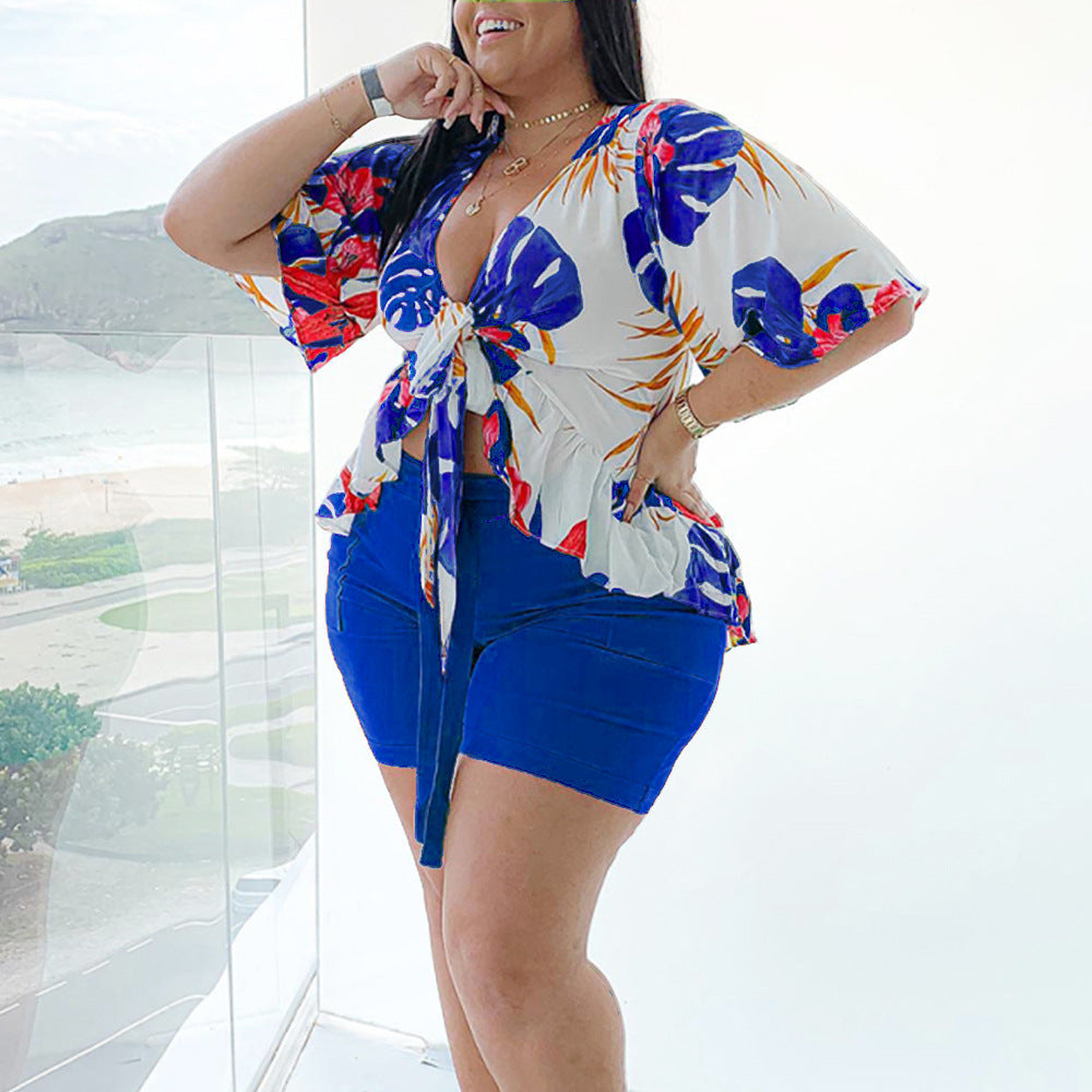Summer Casual Fashion Printing plus Size Half Sleeve Casual Two-Piece Suit Women