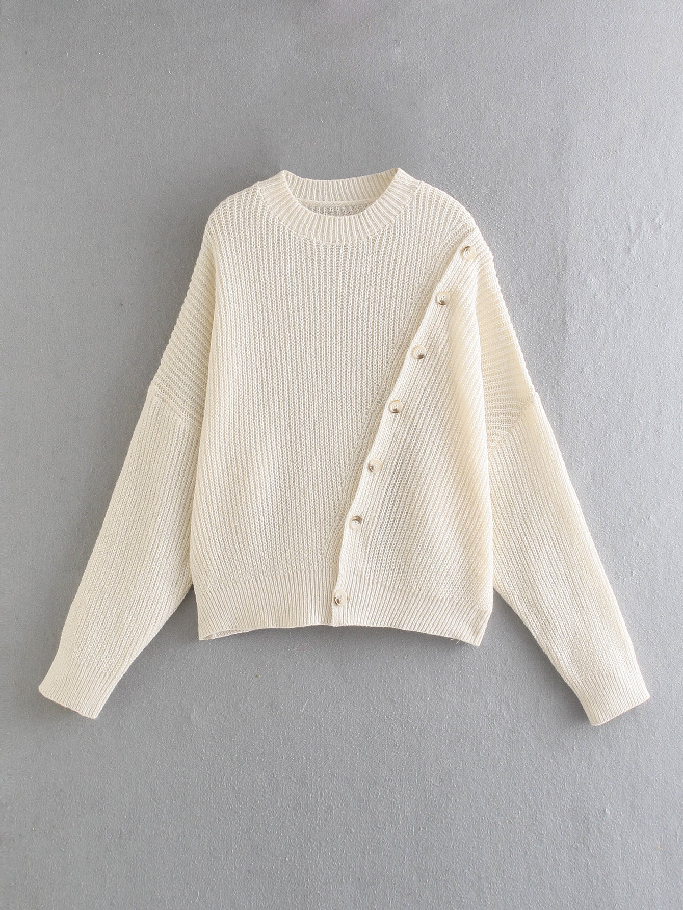 Women Autumn Style Fashion Button round Neck Long Sleeve Sweater Simple Pure Color Slimming Top