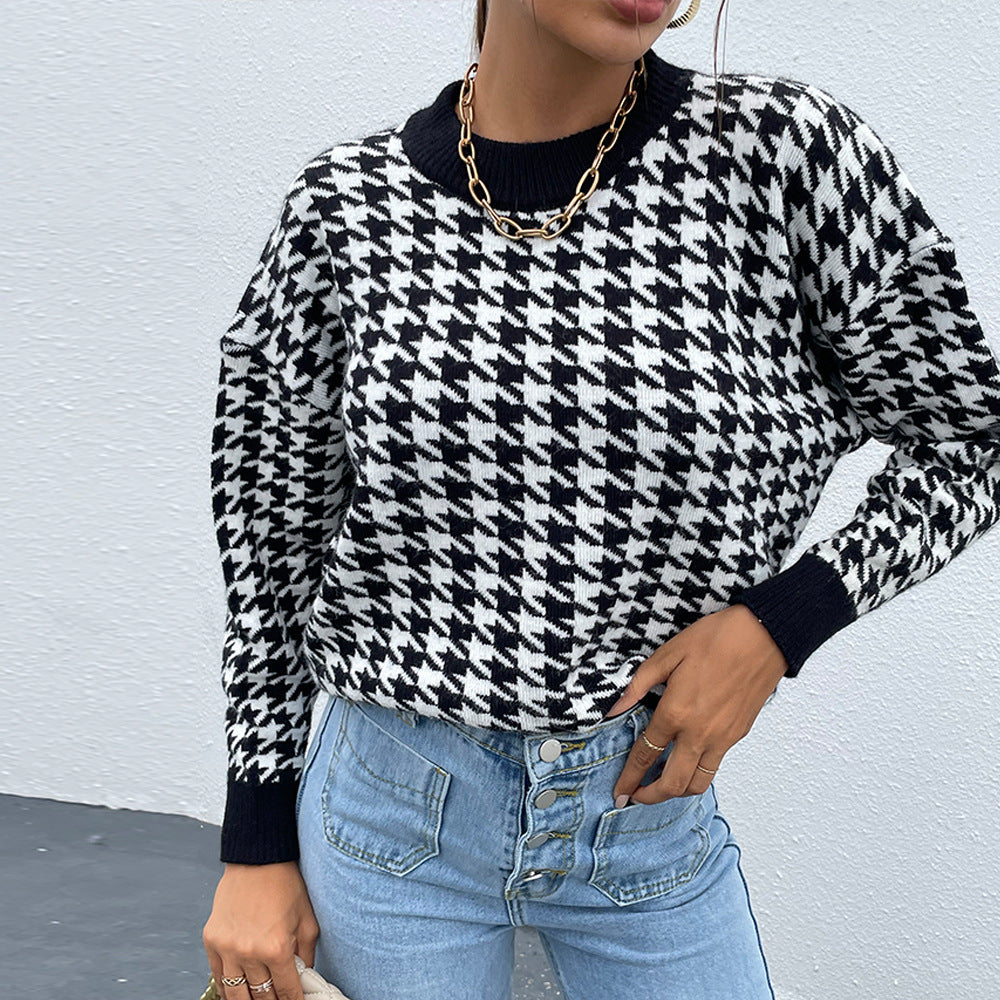 Autumn Winter Women Clothing round Neck Pullover Diamond Patchwork Knitting Sweater Top Women