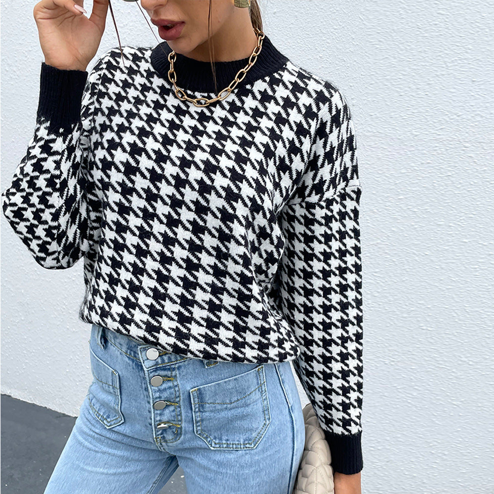 Autumn Winter Women Clothing round Neck Pullover Diamond Patchwork Knitting Sweater Top Women