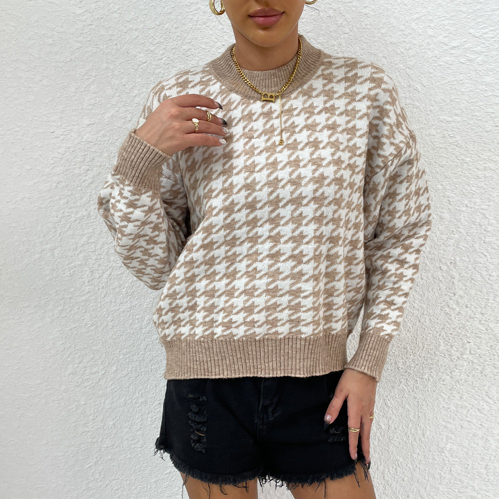 Autumn Winter Women Clothing round Neck Pullover Diamond Patchwork Knitting Sweater Top Women
