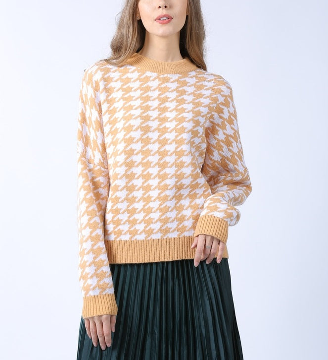 Autumn Winter New Women Geometric Abstract Houndstooth Knit Casual Vintage Pullover Sweater