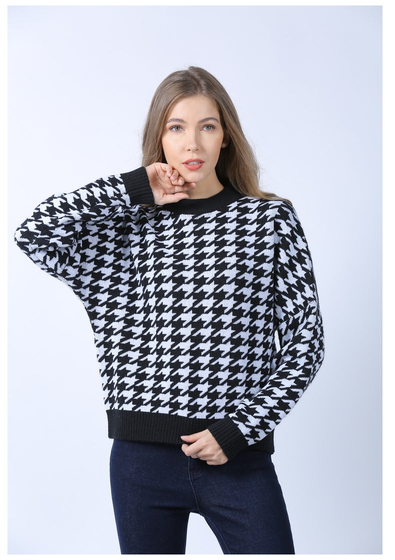 Autumn Winter New Women Geometric Abstract Houndstooth Knit Casual Vintage Pullover Sweater
