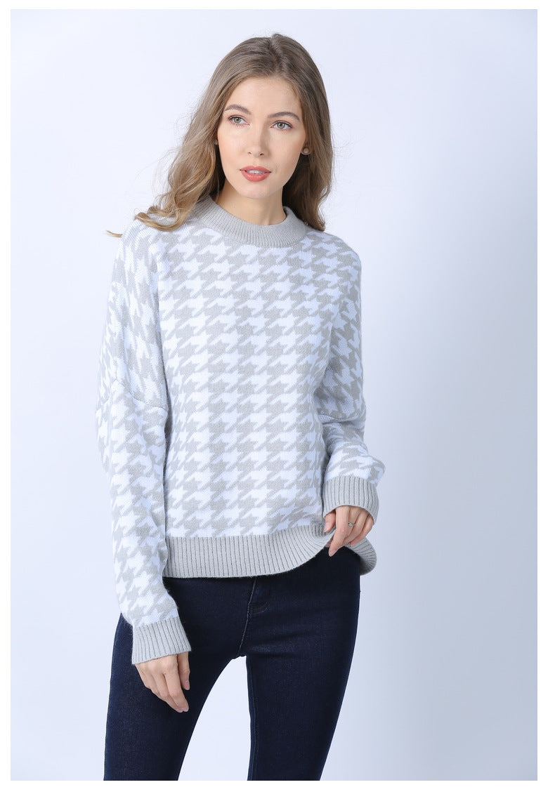 Autumn Winter New Women Geometric Abstract Houndstooth Knit Casual Vintage Pullover Sweater