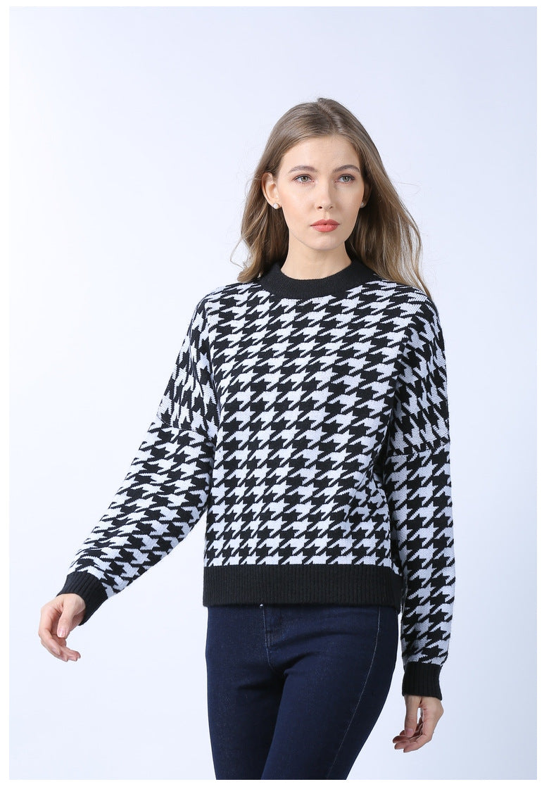 Autumn Winter New Women Geometric Abstract Houndstooth Knit Casual Vintage Pullover Sweater