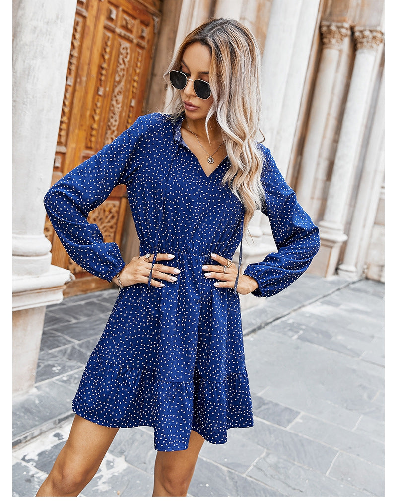 Ladies Spring Summer Polka Dot Print Dress Women Casual Lace Up V Neck Full Sleeve Slim Short Dress 2021 New