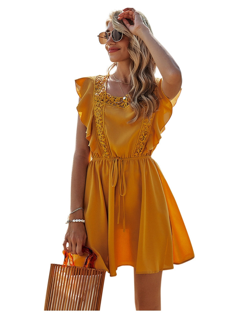 Spring Backless Hollow Out Solid Dress Women Casual Ruffles Lace Up High Waist Short Dress For Women Sweet Summer Dress