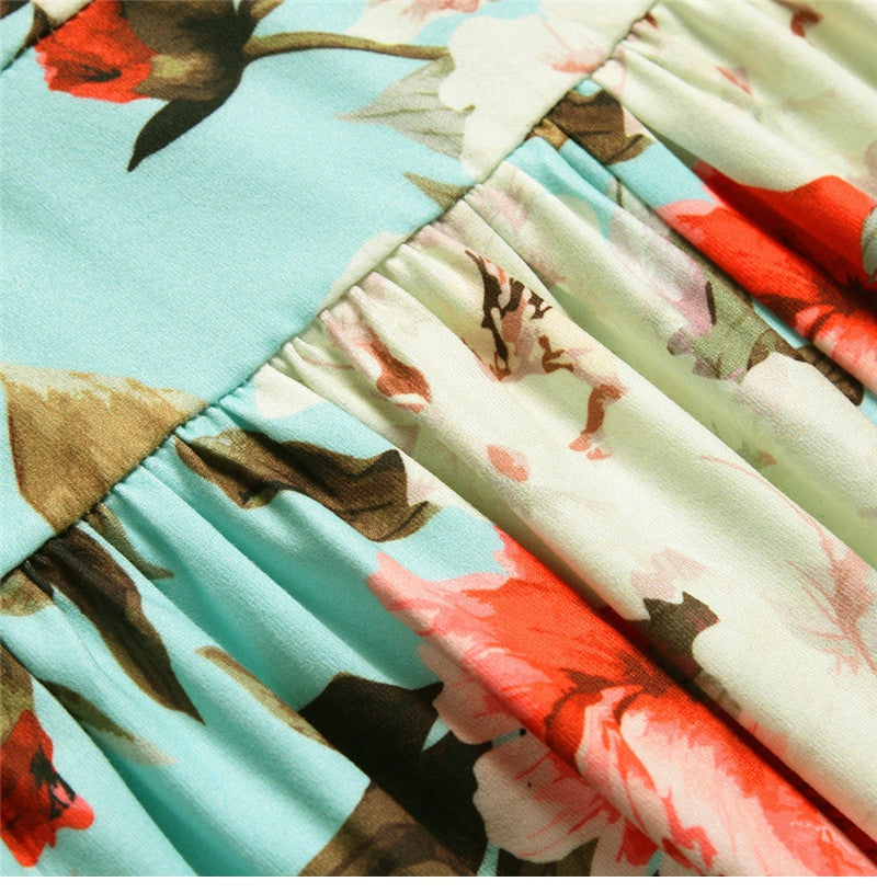 Spring Summer New Women's V Neck Suspender Dresses Sleeveless Hight Waist Floral Printed Long Dresses