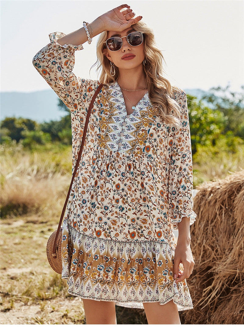 Spring Print Dress Women Casual Butterfly Sleeve V Neck Short Dress For Women Fashion Loose Summer Dress
