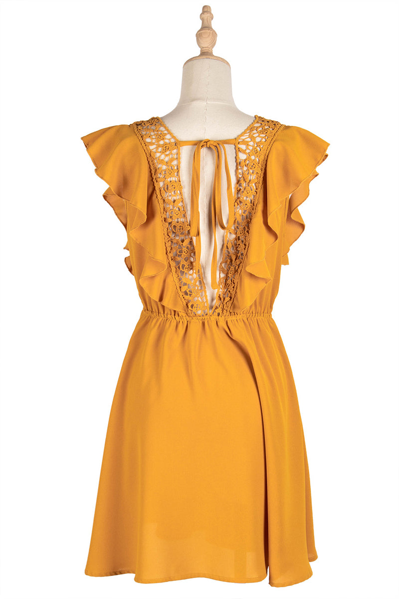 Spring Backless Hollow Out Solid Dress Women Casual Ruffles Lace Up High Waist Short Dress For Women Sweet Summer Dress