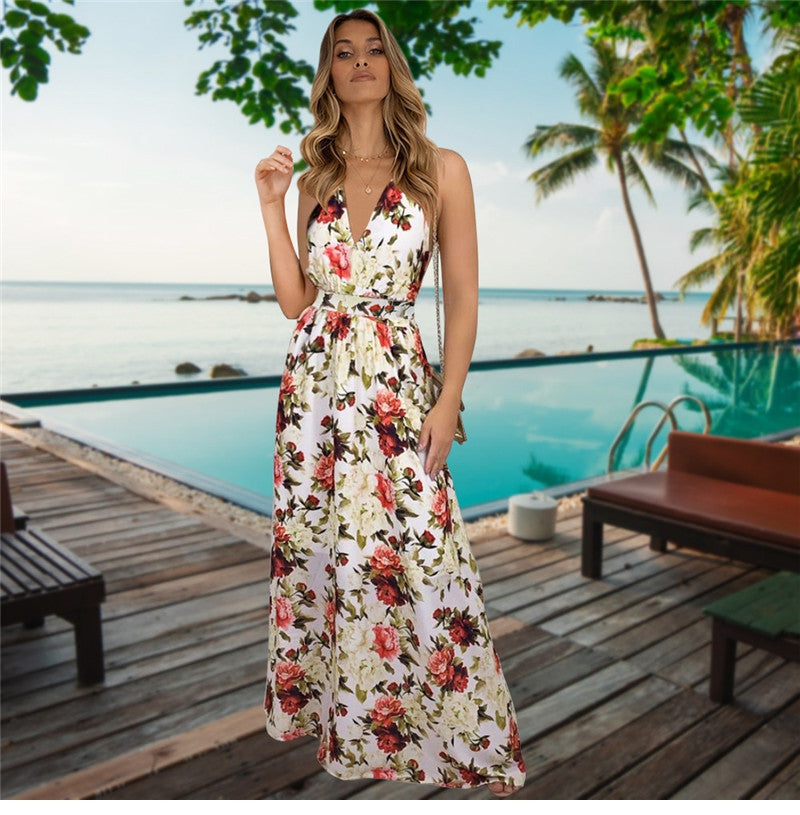 Spring Summer New Women's V Neck Suspender Dresses Sleeveless Hight Waist Floral Printed Long Dresses