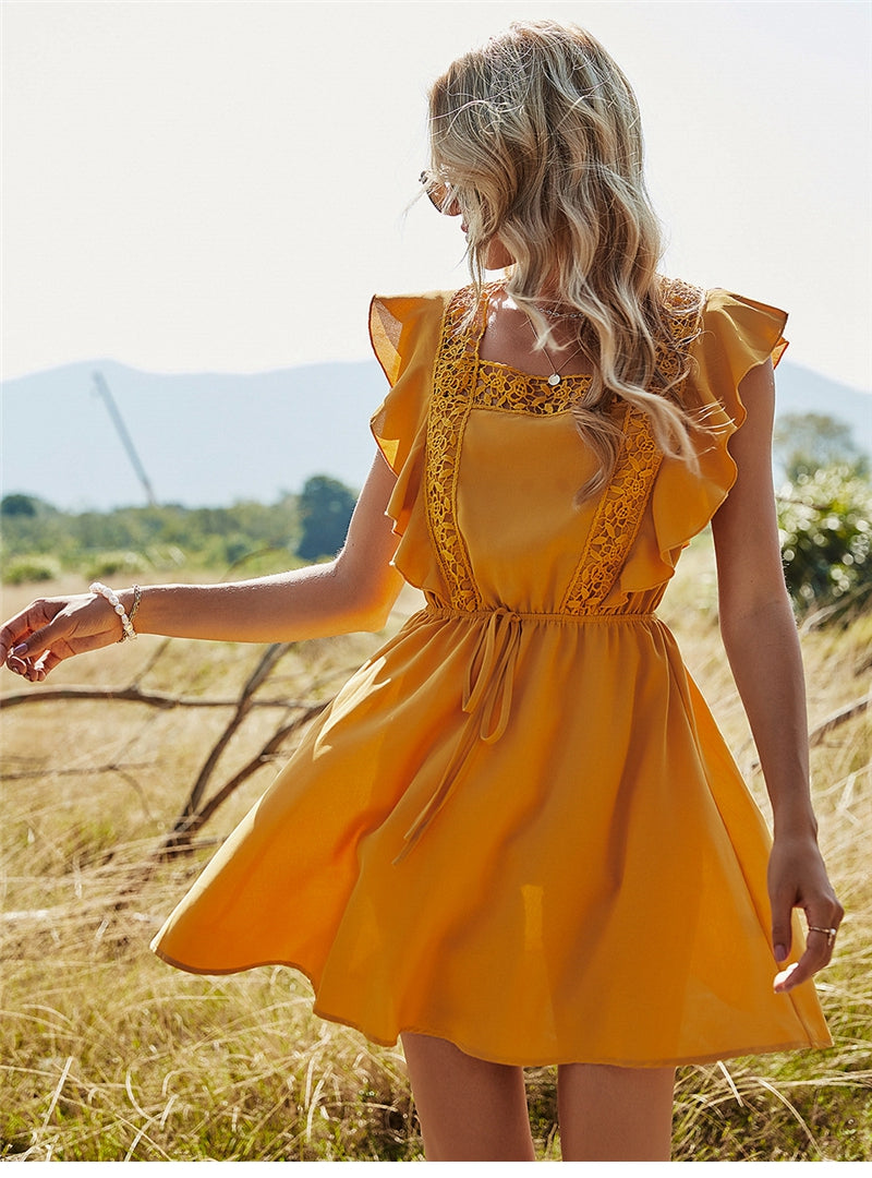 Spring Backless Hollow Out Solid Dress Women Casual Ruffles Lace Up High Waist Short Dress For Women Sweet Summer Dress
