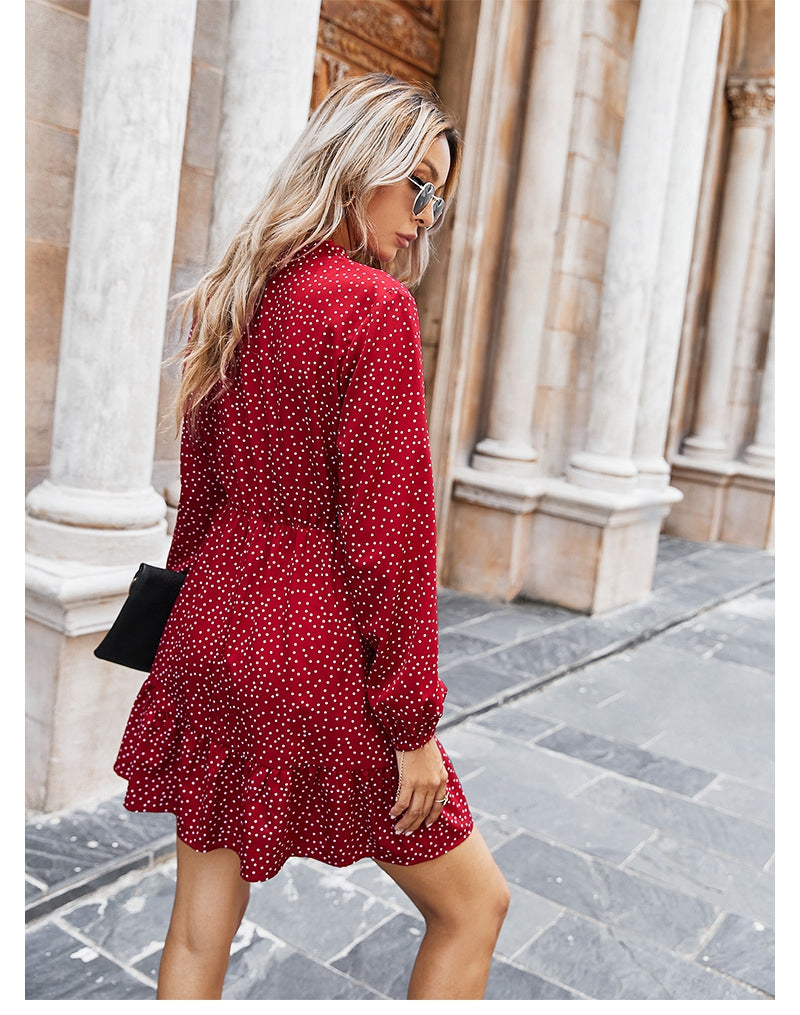 Ladies Spring Summer Polka Dot Print Dress Women Casual Lace Up V Neck Full Sleeve Slim Short Dress 2021 New