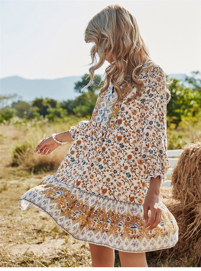 Spring Print Dress Women Casual Butterfly Sleeve V Neck Short Dress For Women Fashion Loose Summer Dress