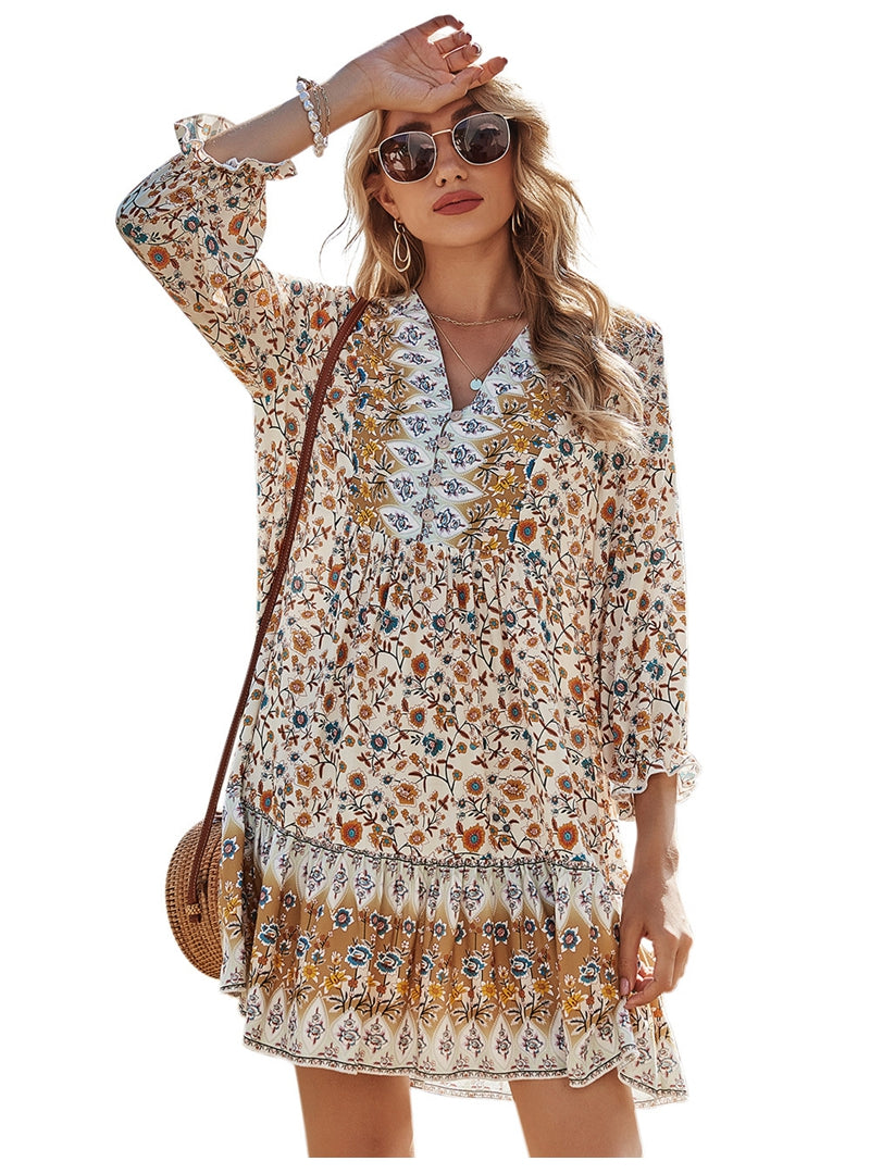 Spring Print Dress Women Casual Butterfly Sleeve V Neck Short Dress For Women Fashion Loose Summer Dress