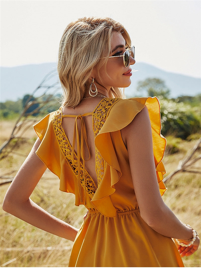 Spring Backless Hollow Out Solid Dress Women Casual Ruffles Lace Up High Waist Short Dress For Women Sweet Summer Dress