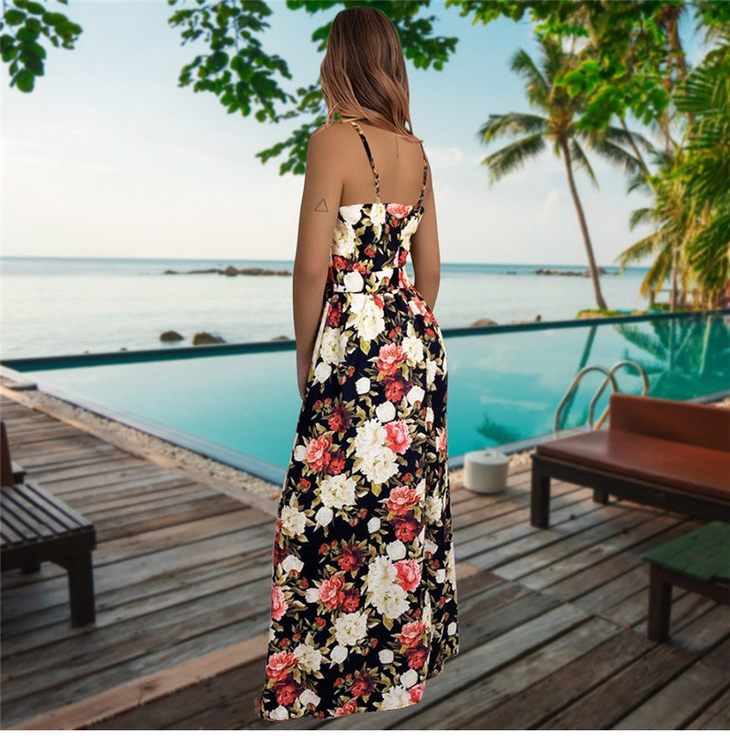 Spring Summer New Women's V Neck Suspender Dresses Sleeveless Hight Waist Floral Printed Long Dresses