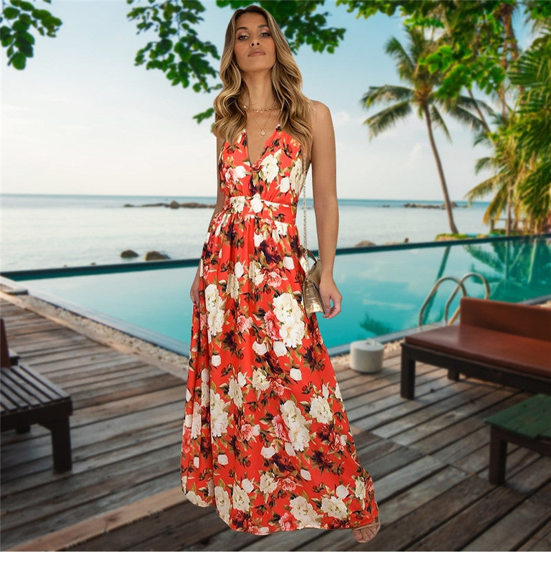 Spring Summer New Women's V Neck Suspender Dresses Sleeveless Hight Waist Floral Printed Long Dresses