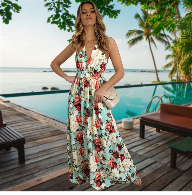 Spring Summer New Women's V Neck Suspender Dresses Sleeveless Hight Waist Floral Printed Long Dresses