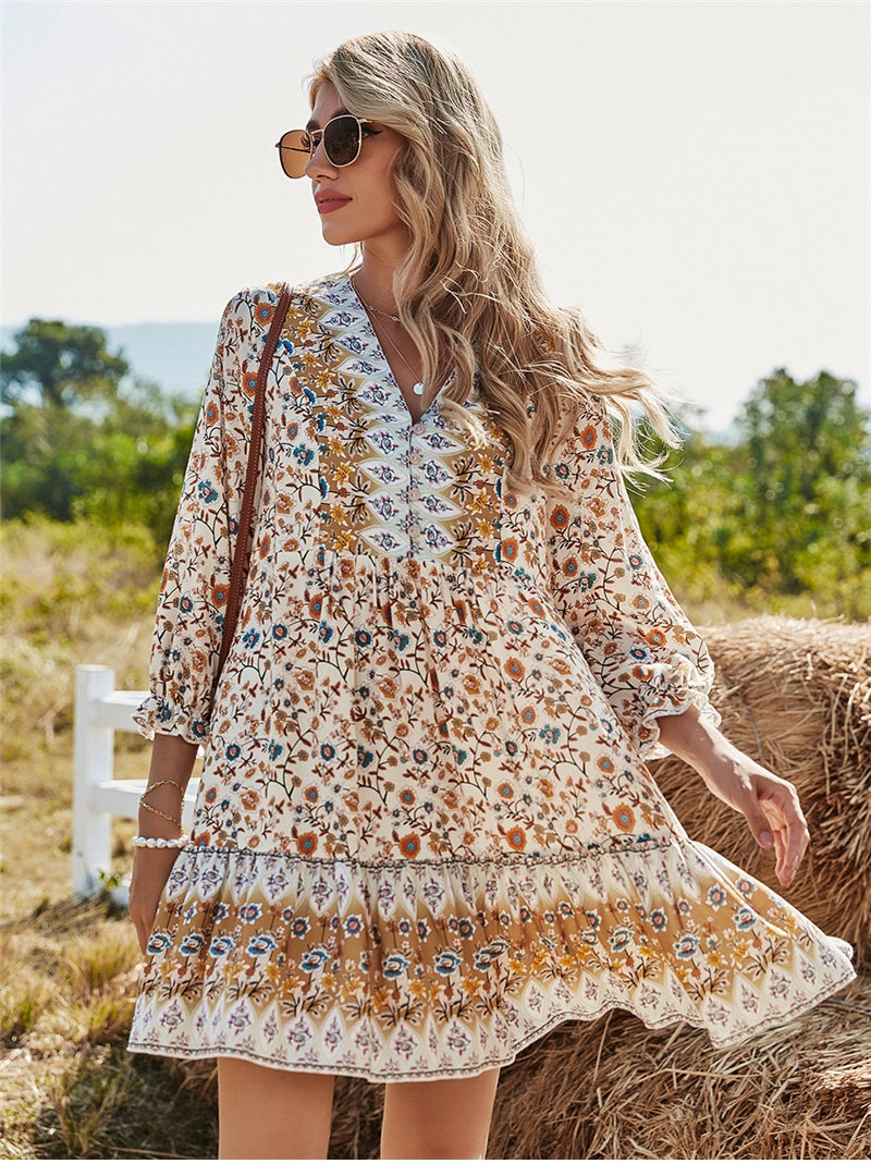 Spring Print Dress Women Casual Butterfly Sleeve V Neck Short Dress For Women Fashion Loose Summer Dress