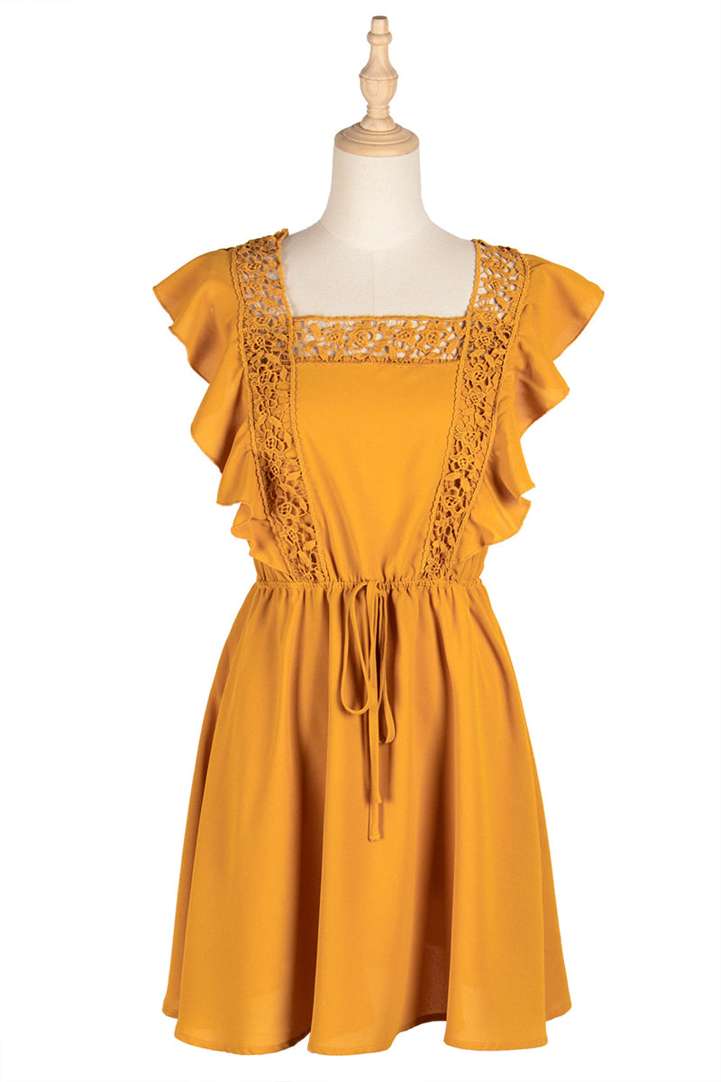Spring Backless Hollow Out Solid Dress Women Casual Ruffles Lace Up High Waist Short Dress For Women Sweet Summer Dress