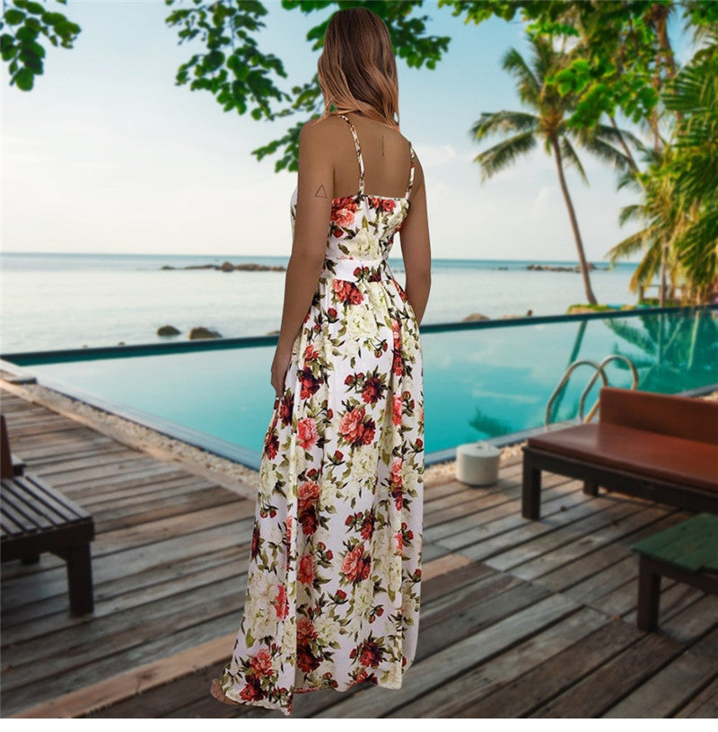 Spring Summer New Women's V Neck Suspender Dresses Sleeveless Hight Waist Floral Printed Long Dresses