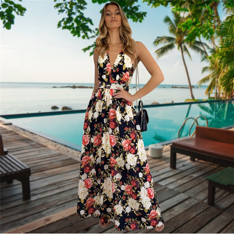 Spring Summer New Women's V Neck Suspender Dresses Sleeveless Hight Waist Floral Printed Long Dresses