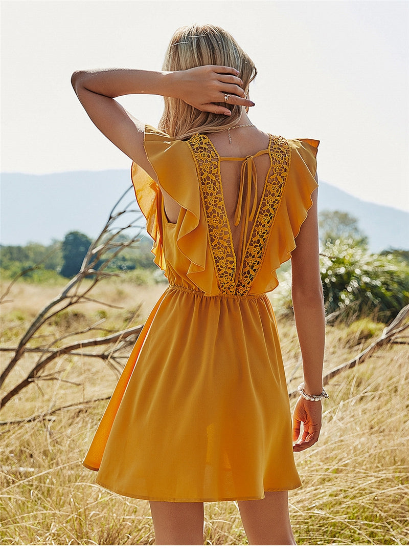 Spring Backless Hollow Out Solid Dress Women Casual Ruffles Lace Up High Waist Short Dress For Women Sweet Summer Dress