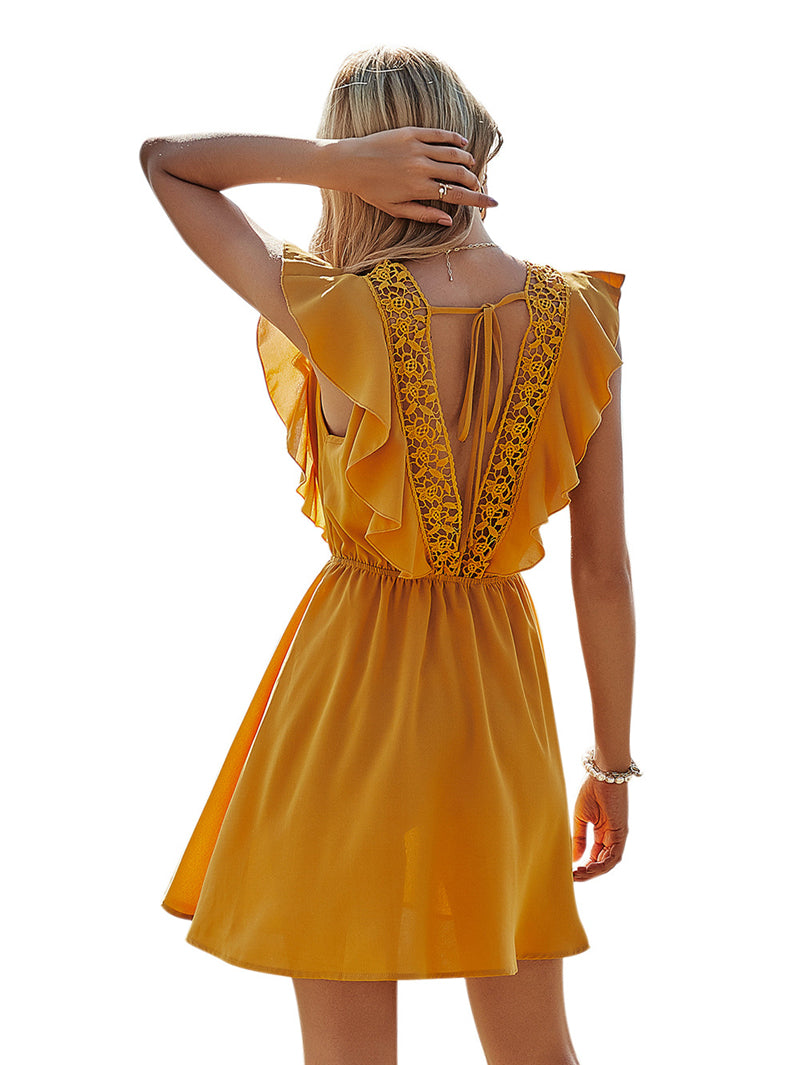 Spring Backless Hollow Out Solid Dress Women Casual Ruffles Lace Up High Waist Short Dress For Women Sweet Summer Dress